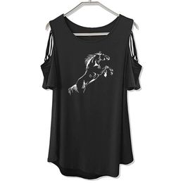 Running Horse funny T-Shirt Women Loose Cotton Short Sleeve Female T-shirts Fashion Tops Off The Shoulder Hollow Tee 210623