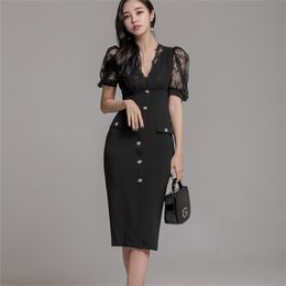 Korea Summer Short Sleeve Lace Party Cloth Women V-Neck single Breasted Knee-Length Bodycon Midi Sexy Dresses 210603