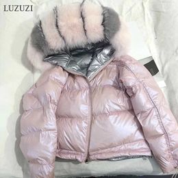 LUZUZI Natural Fur Collar Real Fur Coat Winter Jacket Women Loose Short Down Coat White Duck Down Jacket Thick Warm SH190913