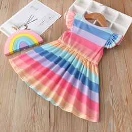 2021 New Summer Kids Girls Fly Sleeve Striped Rainbow Princess Pageant Gown Birthday Party Dress kids dresses for girls#4 Q0716