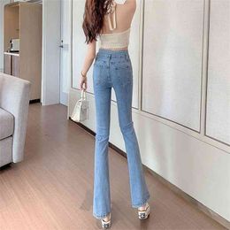 Autumn High Street Skinny Flare Jeans Pants for Women Casual Waist Irregular Buttons Ladies Denim 210629