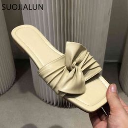 SUOJIALUN 2021 Summer Lovely Bow-knot Women Slipper Flat Heel Casual Beach Slides Ladies Open Toe Sandal Shoes Zapatillas Mujer K78