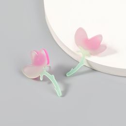 Cute Romantic Simulation Resin Pink Flower Stud Earrings Fashion Asymmetric Acrylic Cool Drop Earrings for Women Jewelry Accessories