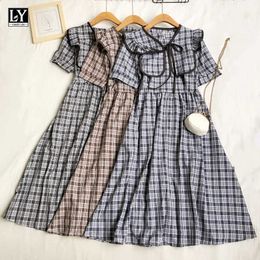 LY VAREY LIN Summer Women Sweet Sailor Collar Plaid High Waist Dresses Female Casual Short Sleeve Slim A-line Midi 210526