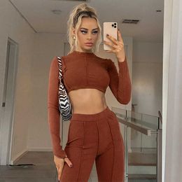 Sexy Backless Bandage Chain Two Piece Set Women Elegant Knit Rib Long Sleeve Cop Top with Wide Leg Pants Streetwear Women Outfit 210604