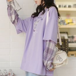 Long-sleeved fake two-piece iris purple T-shirt women's autumn new Korean version loose printing all-match student top ins 210302
