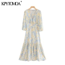 KPYTOMOA Women Elegant Fashion Floral Print Ruffled Midi Dress Vintage V NecK Three Quarter Sleeve Female Dresses Vestidos 210309