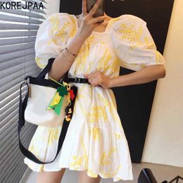 Korejpaa Women Dress Summer Korean Chic Age-Reducing Playful Ruffled Square Collar Hollow Embroidery Puff Sleeve Vestidos 210526