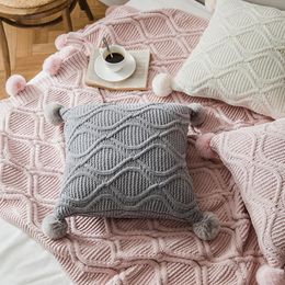 Cushion/Decorative Pillow Knit Pillowcase With Hairy Ball High Quality Crochet Chenille Pink White Grey Cover Home Sofa Bed Room Cushion