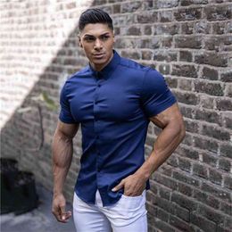 Men Fashion Casual Short Sleeve Solid Shirt Super Slim Fit Male Social Business Dress Brand Fitness Sports Clothing 210626