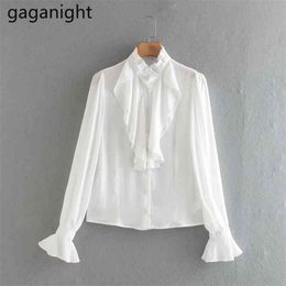 Elegant Women White Shirt Long Sleeve Ruffle Fashion Office Lady Solid Outwear Tops Plus Size Drop Blouse 210601