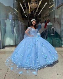 Sky Blue Ball Gown Quinceanera Dresses with cape 3D Flowers Beads Sweetheart Tulle Lace Applique Sweet 16 Dress Party Wear Xv Años
