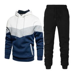 Men's patchwork hooded sweater suit casual loose fleece warmth street men's fashion autumn and winter jacket + thick pants suit X0909