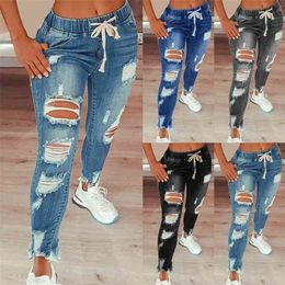 Women Drawstring Denim Jeans Casual Ripped Hole Stretch High Waist Trousers Ladies 210809