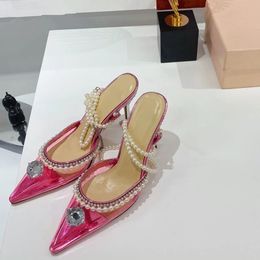 Clear PVC Fairy Women Sandals Diamond Pearl Cross Tied Thin High Heel Party Sandals Candy Colour Sexy Runway Designer Woman Shoes