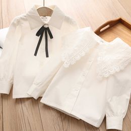 Spring Autumn 3 4 6-12 Years Teenager All Match Gentle Long Sleeve White Solid Colour Kids Girls Bow Blouses Shirt 210529