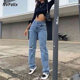 Fashion Rippde Jean High Waist Straight Denim Mom Pants Baggy Washed Blue Casual Female Cotton 210809