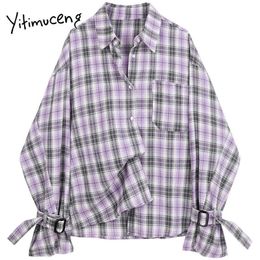 Yitimuceng Plaid Blouse Women Button Shirts Loose Spring Fashion Turn-down Collar Long Sleeve Office Lady Casual Tops 210601