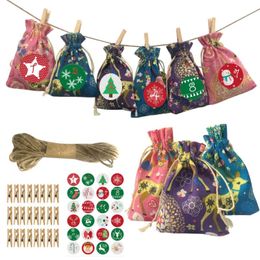 -Decoraciones de Navidad Cuenta regresiva Adviento Calendario Bolsa de regalo de algodón Lino Tela Partido Colgante Decoración