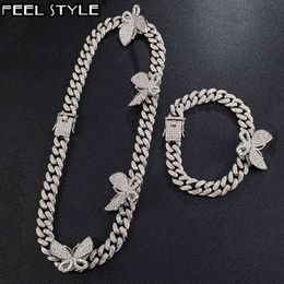 Hip Hop 13MM Iced Out Paved Rhinestones 1Set Miami Curb Butterfly Cuban Chain CZ Bling Rapper Necklace Bracelet Men Jewellery