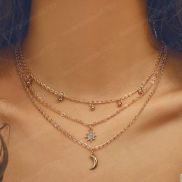 2021 New Moon Star Women Chokers Necklace Rhinestone Pendant Multilayer Necklace Gold Chain Necklace Fashion Jewellery Gift