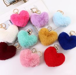 Heart-shaped fur ball keychain Party Favor imitation rex rabbit cashmere love bag pendant plush car ornaments wholesale