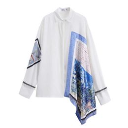 Korean Spring Elegant Women Shirts Printing Unsymmetrical Loose Women's Casual Full Patchwork 210615