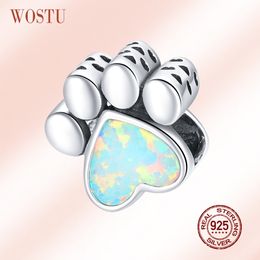 WOSTU 100% 925 Sterling Silver Dog Paws Opal Charm Footprint Beads Fit Original Bracelet DIY Necklace Pendant Jewelry CQC1676 Q0531