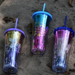 Creative Mermaid Design Sippy Cup Mug 350ml Gradient Fish Tail Tumbler Spill Proof Plastic Straw Cups Birthday Gift for Kid