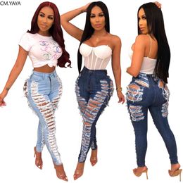 CM.YAYA Denim Pants Women Retro Solid Sexy Hole Hollow Out Jeans Ripped Flare Trousers Street Skinny High Waist Lady Pant 211129