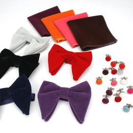 Velvet Bowtie handkerchiefs cufflinks 3 sets 15 Colours solid Colour bowknot Occupational business necktie for Christmas Gift