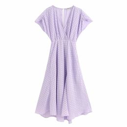 Women Chic Fashion Purple Polka Dot Textured Midi Dress Vintage Cross V Neck Short Sleeve Dresses Casual Girls Vestidos 210531