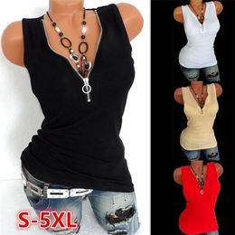 Stretch Beading Tanks Tees Cotton T-Shirt Sexy Zipper V Neck Sleeveless Top Women Summer T Shirts Black Slim Vest Plus Size 5XL X0628