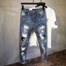 Korean Style Fashion Men Jeans Embroidery Patch Designer Ripped Stretch Pencil Pants Streetwear Elastic Hip Hop 211108