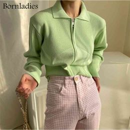 Bornladies Korean Style Autumn Kintted Caidigans for Women Silm Waist Zipper Short Green Sweater Tops Chic Long Sleeve Jackets 210922
