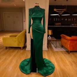 2021 Emerald Green Arabic Evening Dresses Long Sleeves High Slit Sexy Prom Party Dresses Chic Beading Mermaid Long Formal Gowns La251U