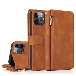 Wallet Phone Cases for iPhone 14 13 12 11 Pro Max XR XS X 7 8 Plus Solid Colour Skin-Feeling PU Leather Flip Kickstand Cover Case with Zipper Coin Purse