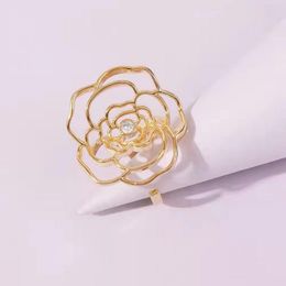 big flower gold ring for women luxury bling diamond rings adjustable opening zircon rose camellia Ring Jewellery birthday gift for gf