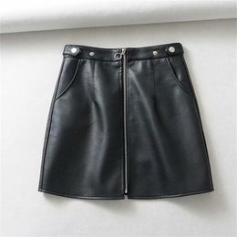 toppies black faux leather mini skirts front zipper high waist skirts Korean style streetwear winter clothes 210310