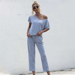 2021 Hotsale 2pcs Women Summer Tracksuits Set Lounge Wear Short Sleeve Tops Long Pants Sweat Suits Elastic Waist Casual Solid Y0702