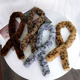 Women Winter Thicken Plush Faux Rabbit Fur Scarf Leopard Print Collar Shawl Neck Warmer Knitted Neckerchief Long Wraps 85cm