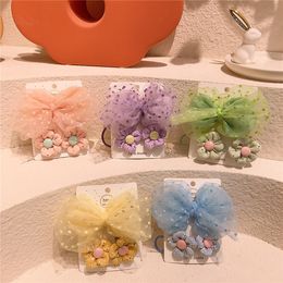 3 Pcs New Korea Fashion Children's Fabric Rubber Band Hair Rope Headdress Sweet Girl Princess Beautiful Dot Yarn Bowknot Hairpin
