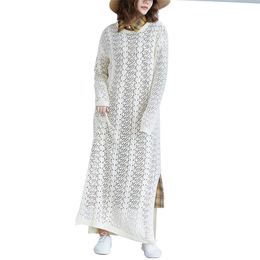 Fashion Knitwear Dress Women Retro Hollow Out Coat Round Neck Openwork Sweater es Casual Long Maxi Vestido Female 210601