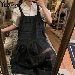 Women Black Gothic Mesh Strap Dress Summer All-Match Casual Fashion Age Reduction Loose Korean Designer Dark Tull Princess Dress 210619