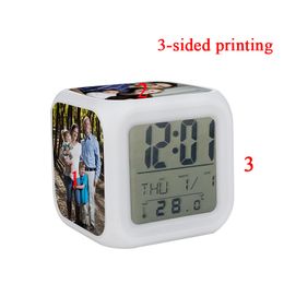 Personalised LED Colourful Lights Clock Sublimation Blank Square Colour Changing Alarm Clocks with Temperature Display Christmas Gift