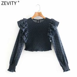 Zevity Women Vintage Polka Dots Print Elastic Short Smock Blouse Female Pleat Ruffles Slim Shirts Chic Sweet Blusas Tops LS7423 210603