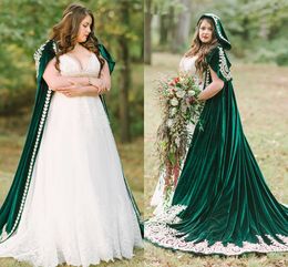 Two Pieces Downton Wedding Dresses with Hunter Green Cloak 2022 Lace Beaded Wood Hood country Bridal Dress Cape Bolero