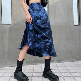 Rosetic NEW Gothic Blue Tie Dye Skirt Women Ruffles Design Cool Streetwear A Line High Waist Skirts Autumn Goth Halloween 210310