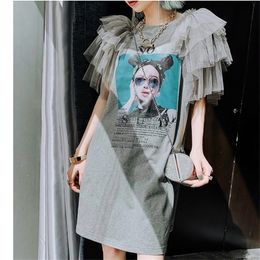 Summer New Women High Street Long Tees Ladies Print Sequined Ruffles Flare Sleeve Casual Tees Party Tops Nice Tdresses NS222 210315