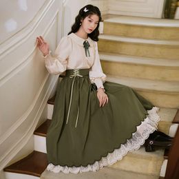 Casual Dresses England Preppy Style 2Piece Sets Vintage Modern Women Outfits Sweet Bow LanternSleeve Shirt Tops & Bandage Embroidery Long Sk